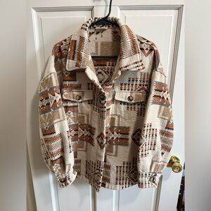 New In Aztec Geometric Patterned Button Down Shacket Size Large